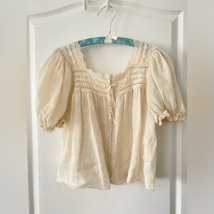 Doen boho prairie puff sleeve ramie linen lace blouse